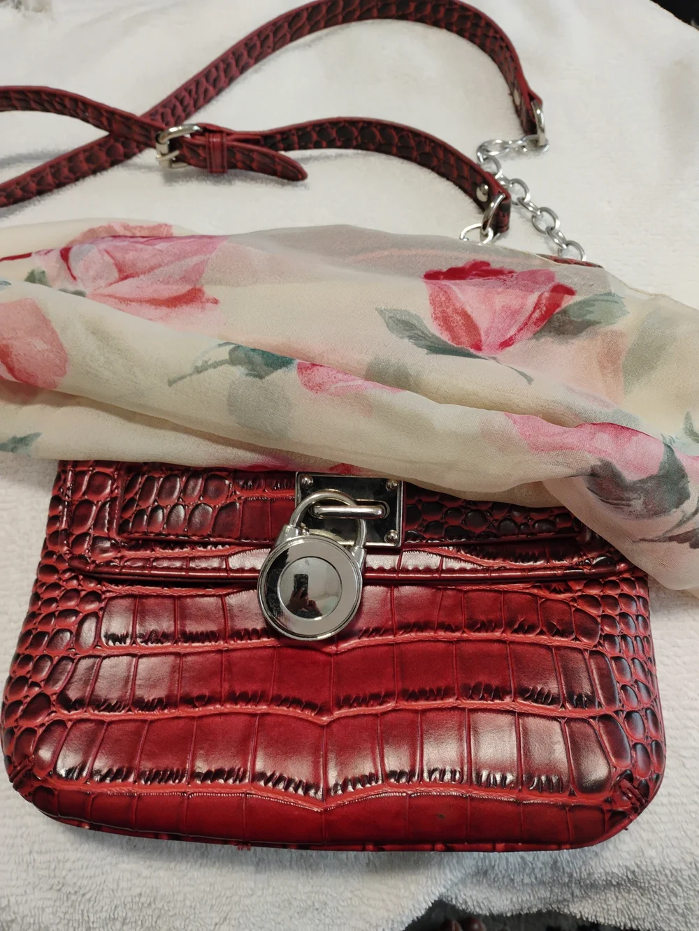 Red Croc-Embossed  Faux Leather Crossbody Bag with Floral Scarf